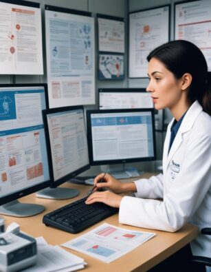 Printed labels and brochures for medical devices, representing technical and marketing translation of medical supplies.